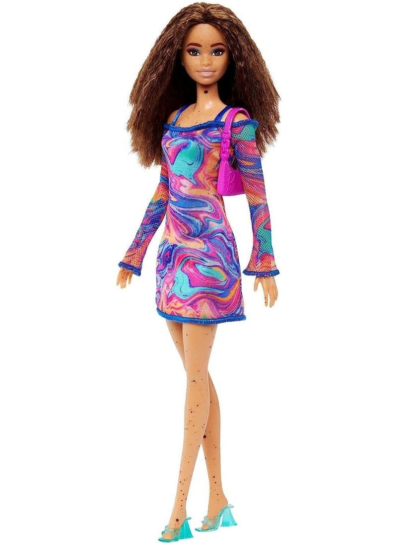 Barbie Fashionistas Doll #206 with Crimped Hair & Freckles, Rainbow Marble-Print Dress, Green Mules & Purse  - Image 1