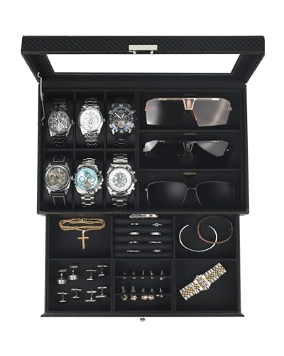 Kukikan Watch Jewelry Box Organizer, 6-Slot 2-Layer Case and Sunglasses Storage with Large Glass Lid, Men's Jewelry Box with Lock, Watch Holder Display Case, Gift for Men Women, All Black - Image 1