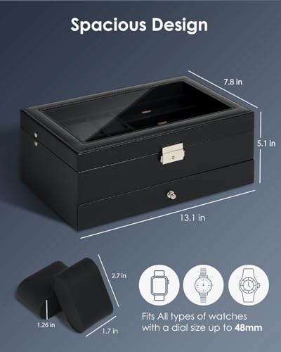 Kukikan Watch Jewelry Box Organizer, 6-Slot 2-Layer Case and Sunglasses Storage with Large Glass Lid, Men's Jewelry Box with Lock, Watch Holder Display Case, Gift for Men Women, All Black - Image 2