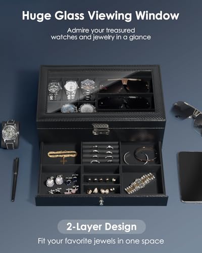 Kukikan Watch Jewelry Box Organizer, 6-Slot 2-Layer Case and Sunglasses Storage with Large Glass Lid, Men's Jewelry Box with Lock, Watch Holder Display Case, Gift for Men Women, All Black - Image 3