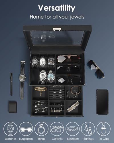 Kukikan Watch Jewelry Box Organizer, 6-Slot 2-Layer Case and Sunglasses Storage with Large Glass Lid, Men's Jewelry Box with Lock, Watch Holder Display Case, Gift for Men Women, All Black - Image 4