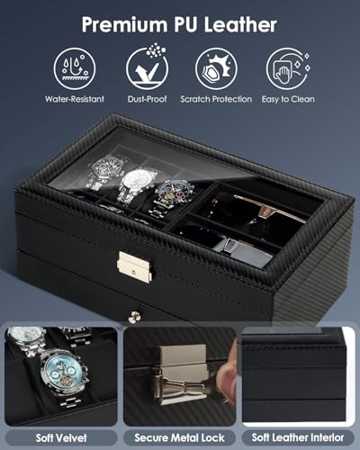 Kukikan Watch Jewelry Box Organizer, 6-Slot 2-Layer Case and Sunglasses Storage with Large Glass Lid, Men's Jewelry Box with Lock, Watch Holder Display Case, Gift for Men Women, All Black - Image 5
