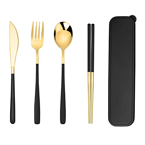 Iktu Premium Gold Plated 304 Stainless Steel Knife Fork Spoon Chopstick Set Flatware Dinnerware Cutlery Tableware Set (Black) - Image 1
