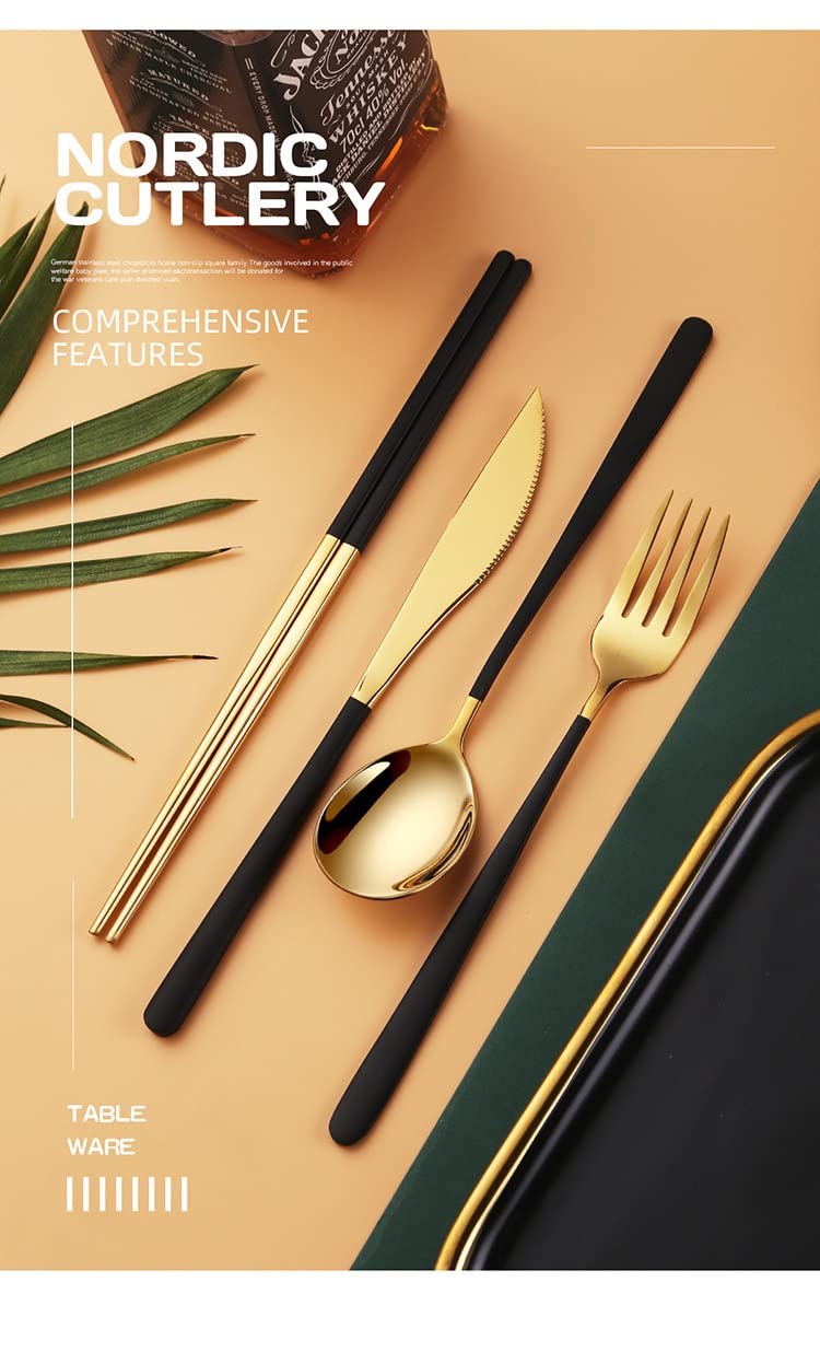 Iktu Premium Gold Plated 304 Stainless Steel Knife Fork Spoon Chopstick Set Flatware Dinnerware Cutlery Tableware Set (Black) - Image 3