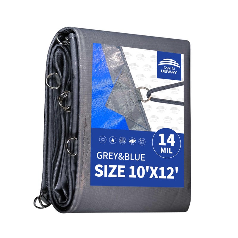 RAINDEWAY Tarps Heavy Duty Waterproof 10x12 Feet 14 Mils Super Heavy Duty Tarp with Metal Rings and Reinforced Corners and Edges UV Resistant Multipurpose Poly TarpBlueGray tarp
