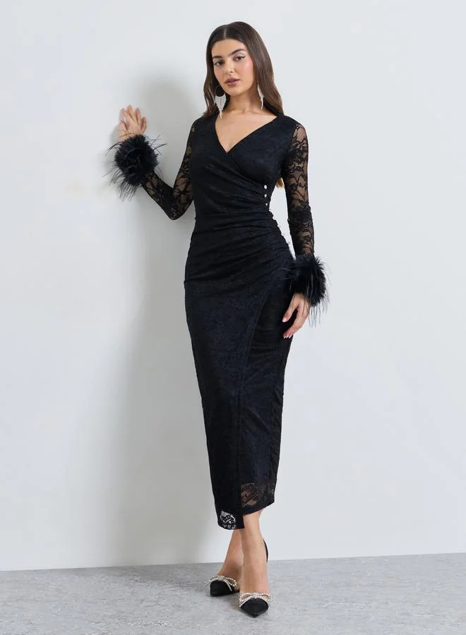 ستايلي Black Lace Wrap Front Midi Dress with Faux Fur