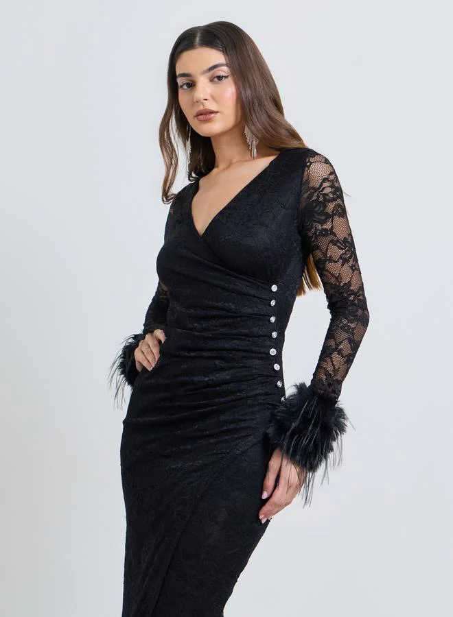 ستايلي Black Lace Wrap Front Midi Dress with Faux Fur