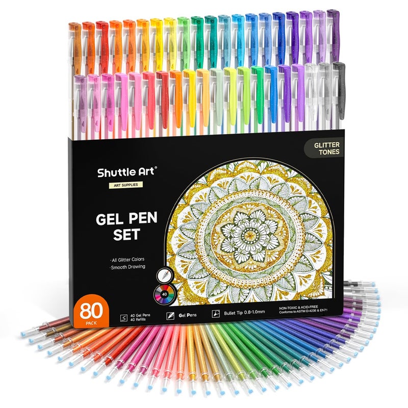 Shuttle Art 80 Pack Glitter Gel Pens, 40 Colors Glitter Gel Pens Set with 40 Refills for Adults Coloring Books Drawing Crafts Scrapbooking Journaling - Image 1