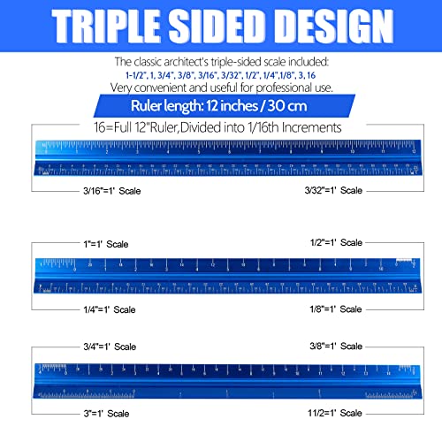 DSUWAZU 12" Architectural Scale Ruler, Aluminum Scale, Triangular Ruler, Scale Ruler for Blueprint Imperial Measurements for Architects Engineering Artists, Draftsman Drawing, Laser-Etched Markings.(Blue) - Image 3
