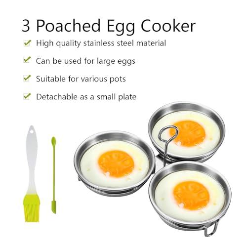 Eonenomi Stainless Steel Egg Poacher 3 Cup Nonstick Poached Egg Maker with Oil Brush and Spoon for Breakfast - Image 3