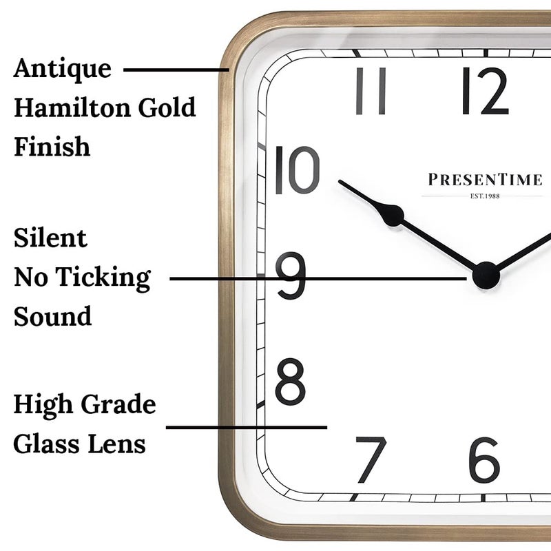 Presentime & Co. 16" Anton Vintage Square Clock, Silent No Ticking, Wall Art and Timepiece for Home Decoration/Wall DÃ©cor, Antique Hamilton Gold Color - Image 3