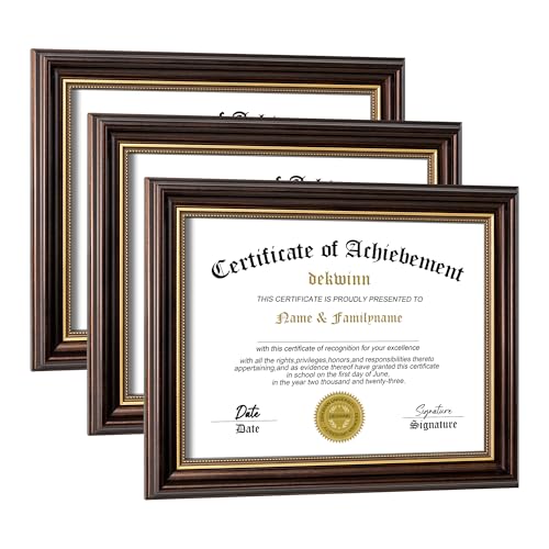 DEKWINN 8.5x11 Diploma Frames Certificate Document Frame Set of 3 Reddish Brown/Gold Trim with Real Glass for Wall Gallery or Tabletop display, Without Mat - Image 1