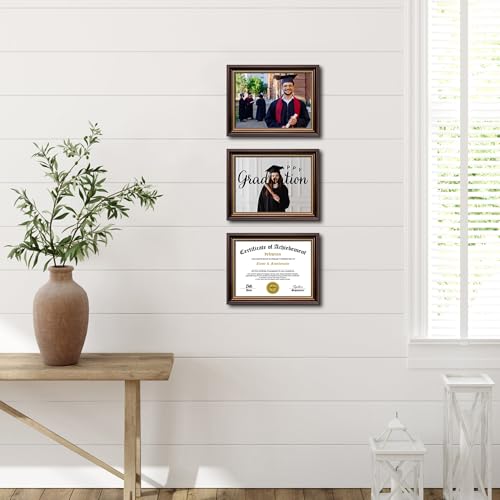 DEKWINN 8.5x11 Diploma Frames Certificate Document Frame Set of 3 Reddish Brown/Gold Trim with Real Glass for Wall Gallery or Tabletop display, Without Mat - Image 5