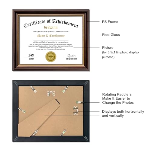 DEKWINN 8.5x11 Diploma Frames Certificate Document Frame Set of 3 Reddish Brown/Gold Trim with Real Glass for Wall Gallery or Tabletop display, Without Mat - Image 2