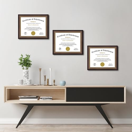 DEKWINN 8.5x11 Diploma Frames Certificate Document Frame Set of 3 Reddish Brown/Gold Trim with Real Glass for Wall Gallery or Tabletop display, Without Mat - Image 4