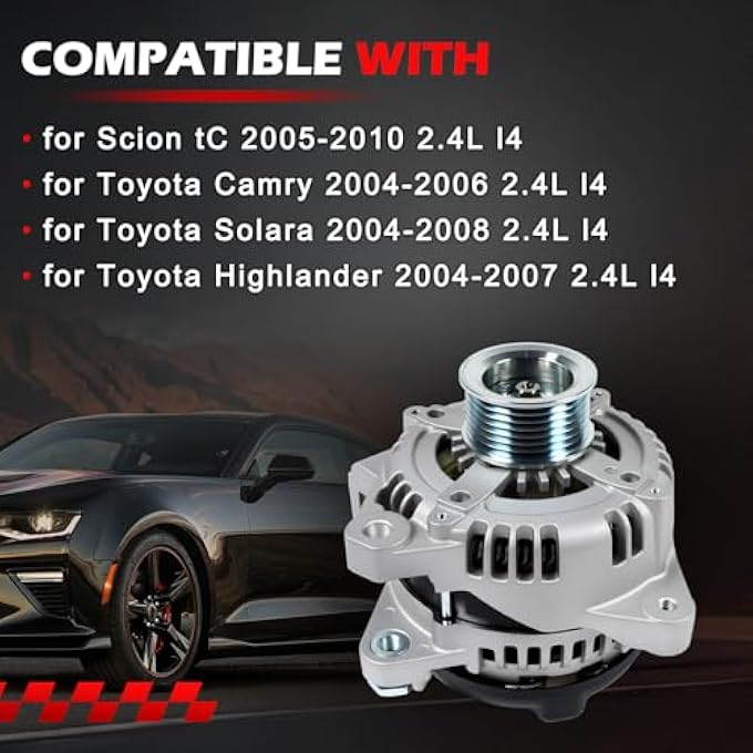 Autodevil " 11034 Alternator for 2004-2006 Camry 2.4L, 2004-2007 Highlander 2.4L, 2004-2008 Solara 2.4L, 2005-2010 tC 2.4L, 100Amp 7-Groove Pulley, Replace 11034N 27060-0H100 " - Image 2