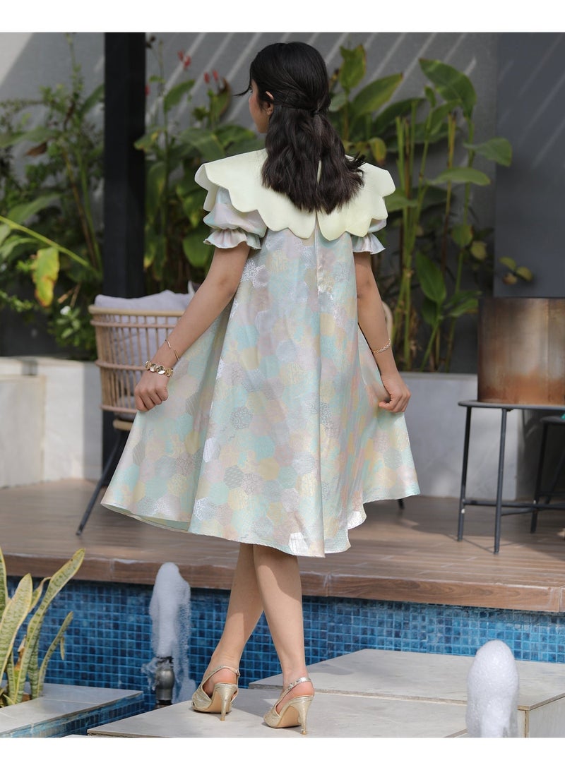 Totikids Girls' Multi-Colored Hexagon Print Dress | Cut-out Waist Design & Yellow Neckline - 1182 - Image 3