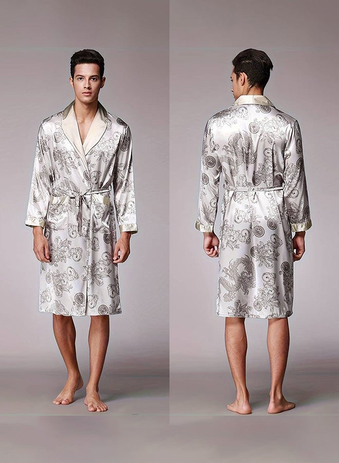 MARGOUN Bathrobe Men's Large Bath Robe Dressing Gown Comfortable Sleepwear Silk Lovers Long Special Style Sleeves Nightgown Dressing Gown Dragon Pattern Silver - Image 2