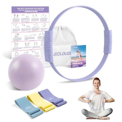 Paleclouds Pilates Essentials Kit for Women 135 Pilates Ring and Ball Set with Resistance Bands for Home Workouts Portable Pilates Kit with Bag Training Poster for Full Body Exercise Purple - Image 1