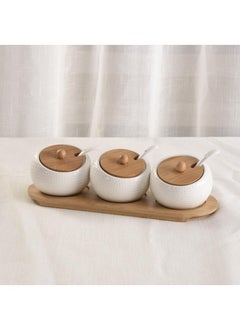 Y&D Ceramic Japanese Style Vintage Seasoning Jar Three piece Set Wooden Pallet With Spoon  - Image 1