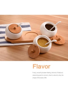 Y&D Ceramic Japanese Style Vintage Seasoning Jar Three piece Set Wooden Pallet With Spoon  - Image 3