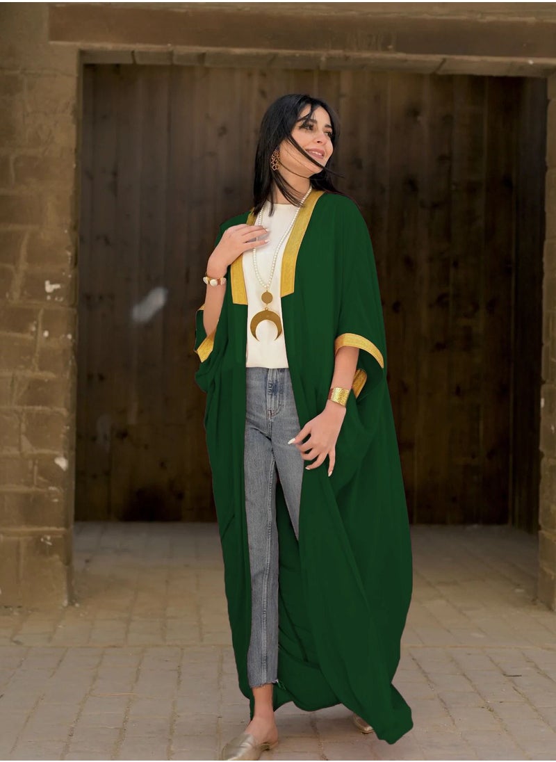 صن سيت - قفطان شيفون للنساء من صن سيت عباره عن عبايه مطعمة بجبير ذهبي - أخضر غامق - Image 1