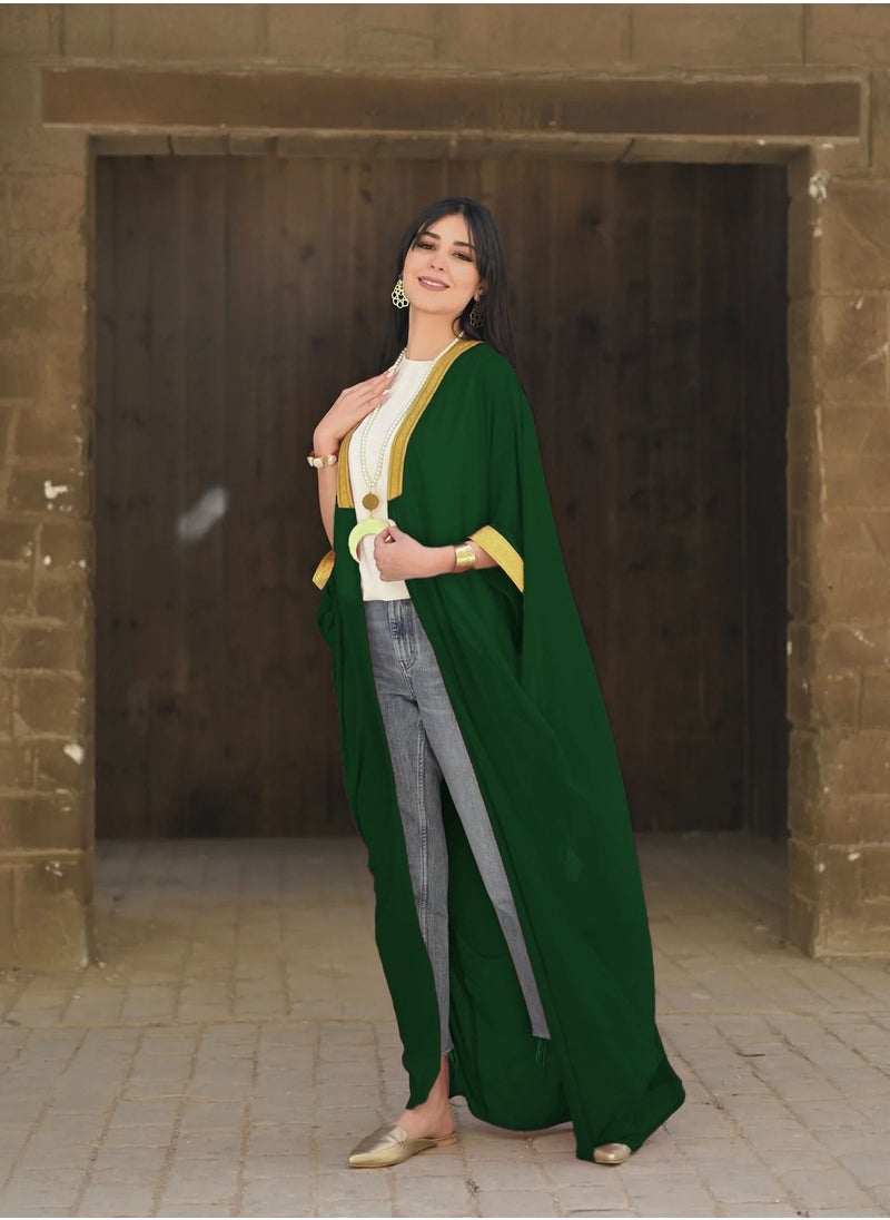 صن سيت - قفطان شيفون للنساء من صن سيت عباره عن عبايه مطعمة بجبير ذهبي - أخضر غامق - Image 1