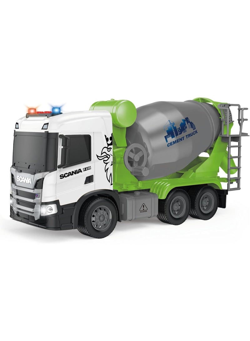 The Toys Home Licensed Scania Friction Powered Cement Mixer Truck, 1:64 Scale Construction Vehicle with Rotating Drum, Lights & Sound, 12 Inch White & Green Toy for Kids Ages 3+ - Image 1