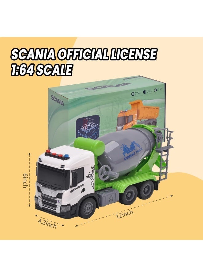 The Toys Home Licensed Scania Friction Powered Cement Mixer Truck, 1:64 Scale Construction Vehicle with Rotating Drum, Lights & Sound, 12 Inch White & Green Toy for Kids Ages 3+ - Image 2