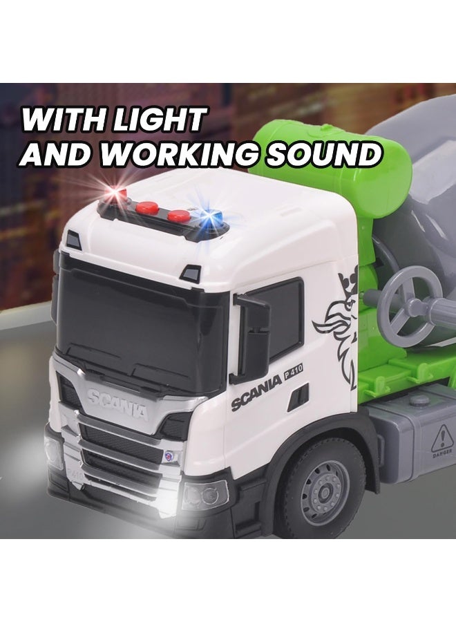 The Toys Home Licensed Scania Friction Powered Cement Mixer Truck, 1:64 Scale Construction Vehicle with Rotating Drum, Lights & Sound, 12 Inch White & Green Toy for Kids Ages 3+ - Image 4