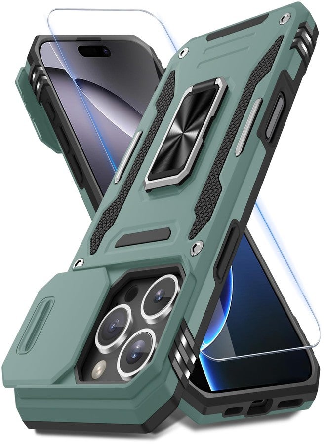 DEERLAMN Case for iPhone 16 Pro Max with Slide Camera Cover+Screen Protector (1 Pack), Rotated Ring Kickstand Military Grade Shockproof Protective Cover-Green - Image 1