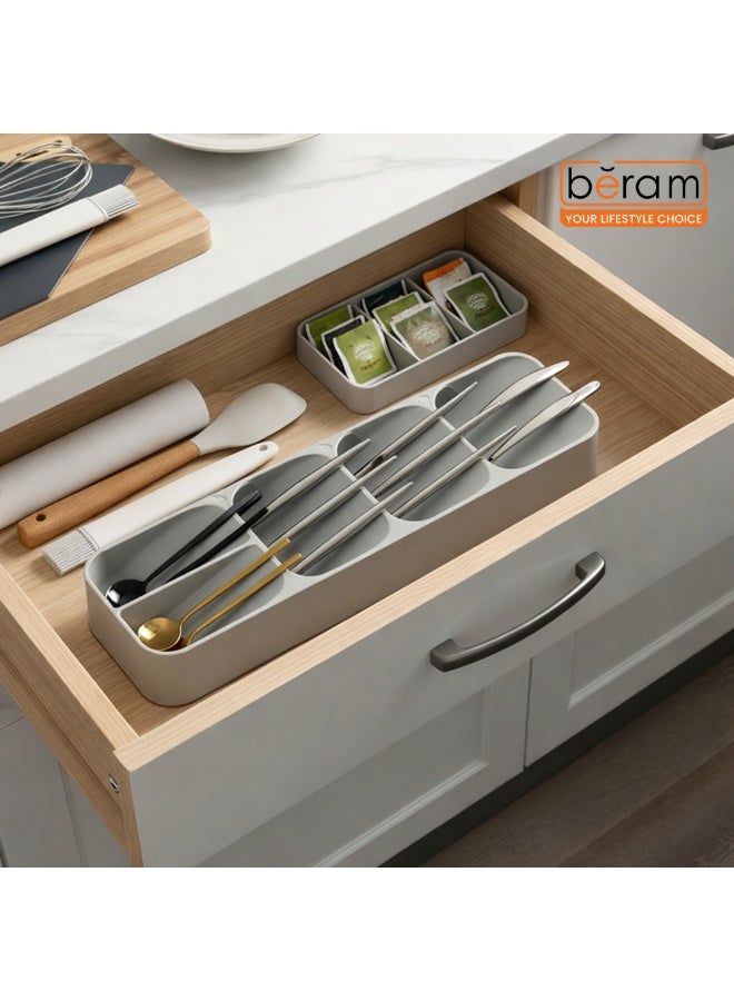 Beram Kitchen Drawer Cutlery Organizer Tray 39.6×11×5.5 cm – Grey Utensil Holder Rack for Spoons, Forks & Knives, Compact Silverware Divider Storage Box, Plastic Drawer Organizer for Kitchen Tools & Gadgets - Image 3