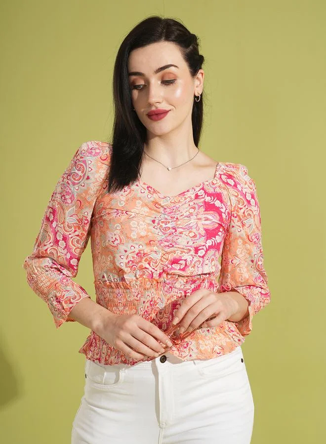 globus Floral Printed Sweetheart Neck Top