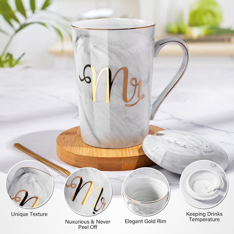 ALBISS Mr and Mrs Coffee Mugs set, Unique Gifts Set for Couple/Bride and Groom，14oz Ceramic Marble Cups with Lid Spoons Greeting Card，Gift Box for Bridal Shower, Engagement,Wedding, Married, Anniversary - Image 5