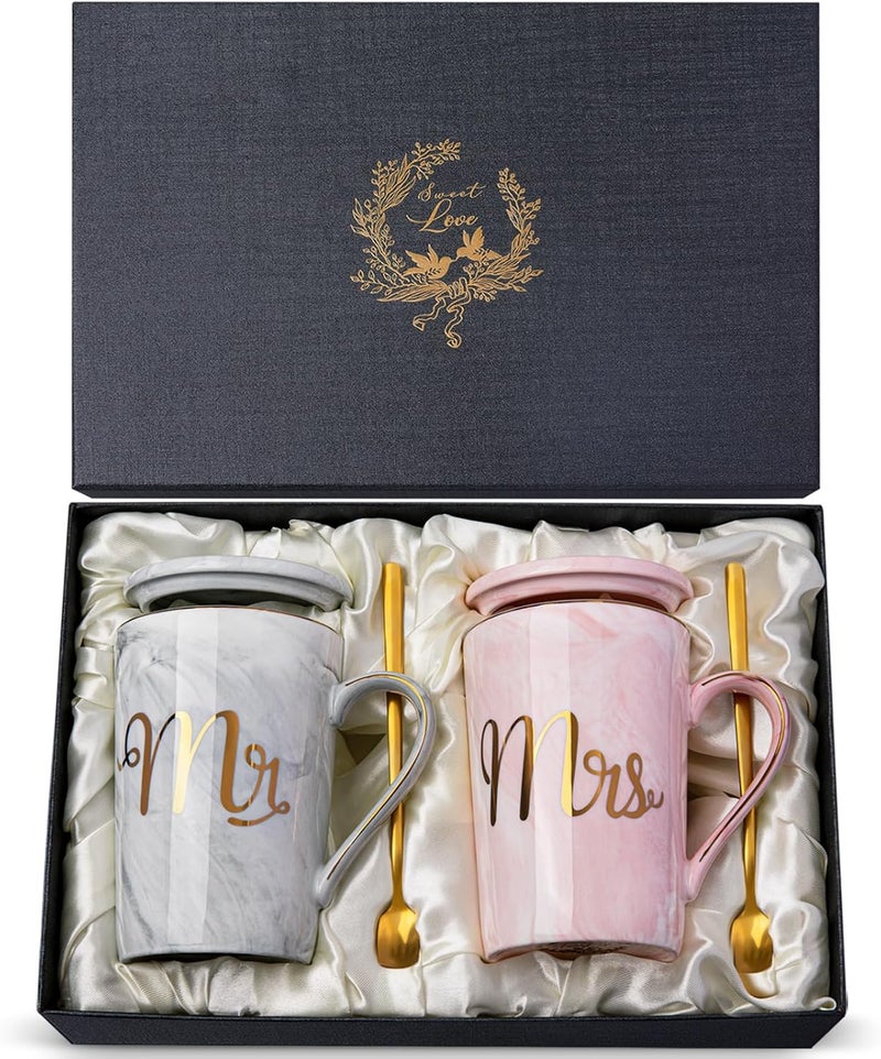 ALBISS Mr and Mrs Coffee Mugs set, Unique Gifts Set for Couple/Bride and Groom，14oz Ceramic Marble Cups with Lid Spoons Greeting Card，Gift Box for Bridal Shower, Engagement,Wedding, Married, Anniversary - Image 1