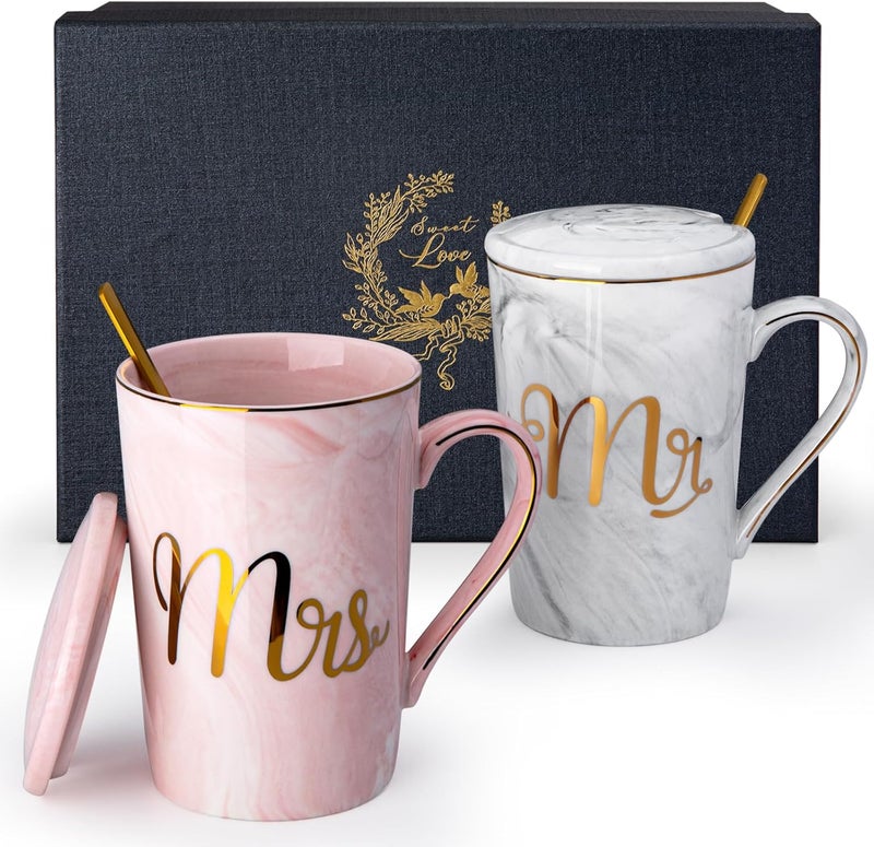 ALBISS Mr and Mrs Coffee Mugs set, Unique Gifts Set for Couple/Bride and Groom，14oz Ceramic Marble Cups with Lid Spoons Greeting Card，Gift Box for Bridal Shower, Engagement,Wedding, Married, Anniversary - Image 3