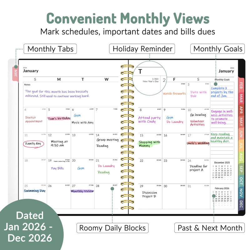 Forvencer 2026 Planner, Forvencer Calendar Planner Weekly and Monthly (Jan 2026-Dec 2026), 6" X 8", Agenda Book, Daily Journal Notebook with Tabs, Flexible Cover, Home School Organizer, A5, Purple - Image 2