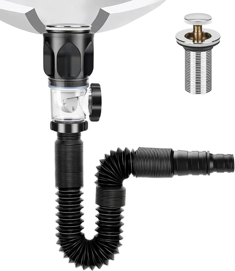 ZAKUDI Sink Drain Pipe, with 2 S-Hooks, Expandable Pipe, P Trap Flexible Sink Drain Pipe, Flexible Sink Drain Tubing for Anti-Odor Bathroom Kitchen Sink Drain & Garbage Disposal. (Black)  - Image 1