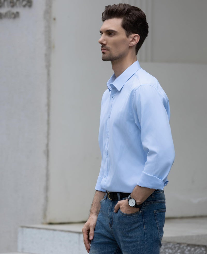 Beninos Men's Dress Shirts Slim Fit Solid Long Sleeve Casual Button Down Shirt (C455 Light Blue, S) - Image 5