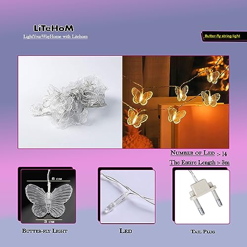 Litehom 14 Butterfly Led Light 3 Meter led Lights for Home Decoration Plug in Fairy String Lights, Diwali Lights for Decoration for Home Still Mode Only Strip Lights (14 Bulb Warm White) - Image 4