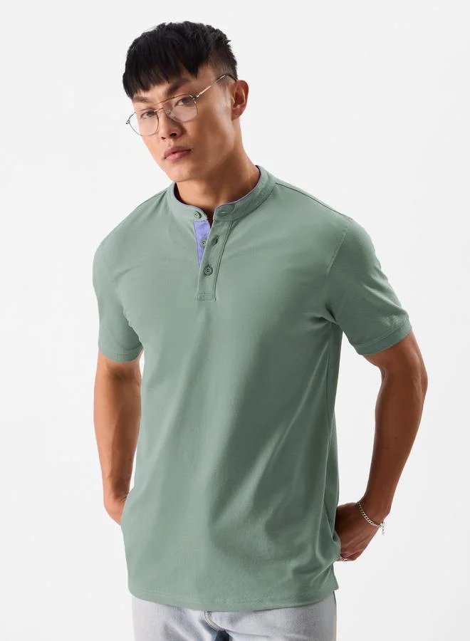 The Souled Store Men Green Mandarin Collar Polo