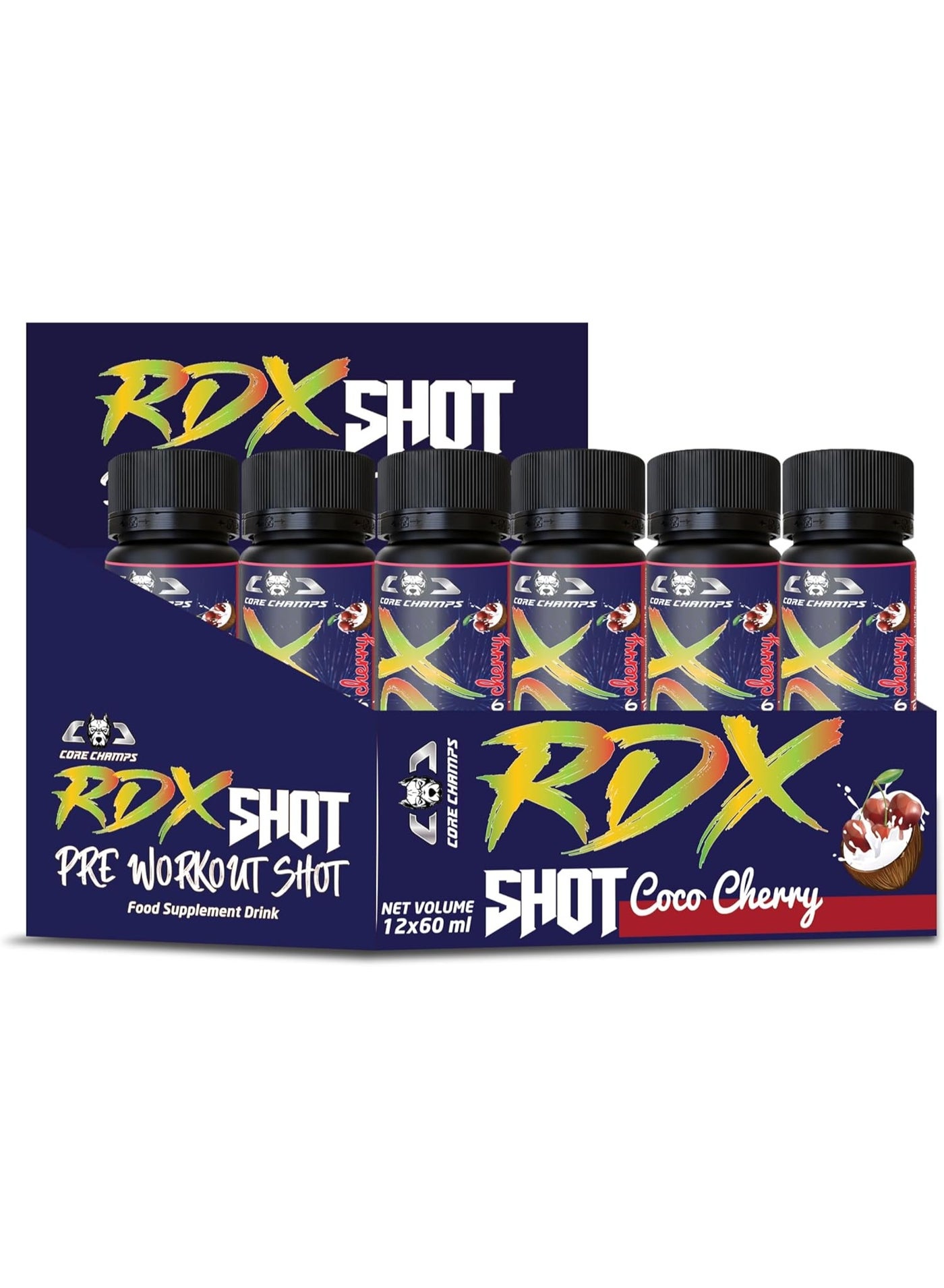 CORE CHAMPS RDX Pre Workout Shot – Coco Cherry Flavor | 60ml Pack of 12 Energy Drink with Beta-Alanine, Caffeine, Citrulline, L-Arginine & L-Carnitine | Instant Energy Booster for Strength, Focus & En