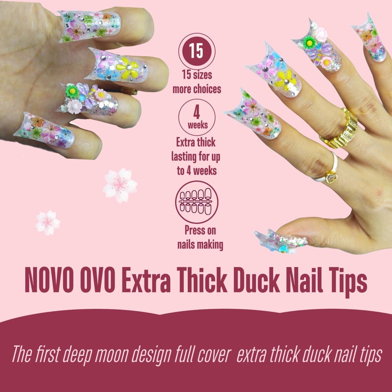 NOVO OVO Halloween Extra Thick Duck Feet Nail Tips Full Cover for Press on Acrylic with Moon Curve, Medim Long Clear Pre-Etched Matte Flare Wide French Soft Gel False Nail Extension x 15 Sizes 150 pcs - Image 4