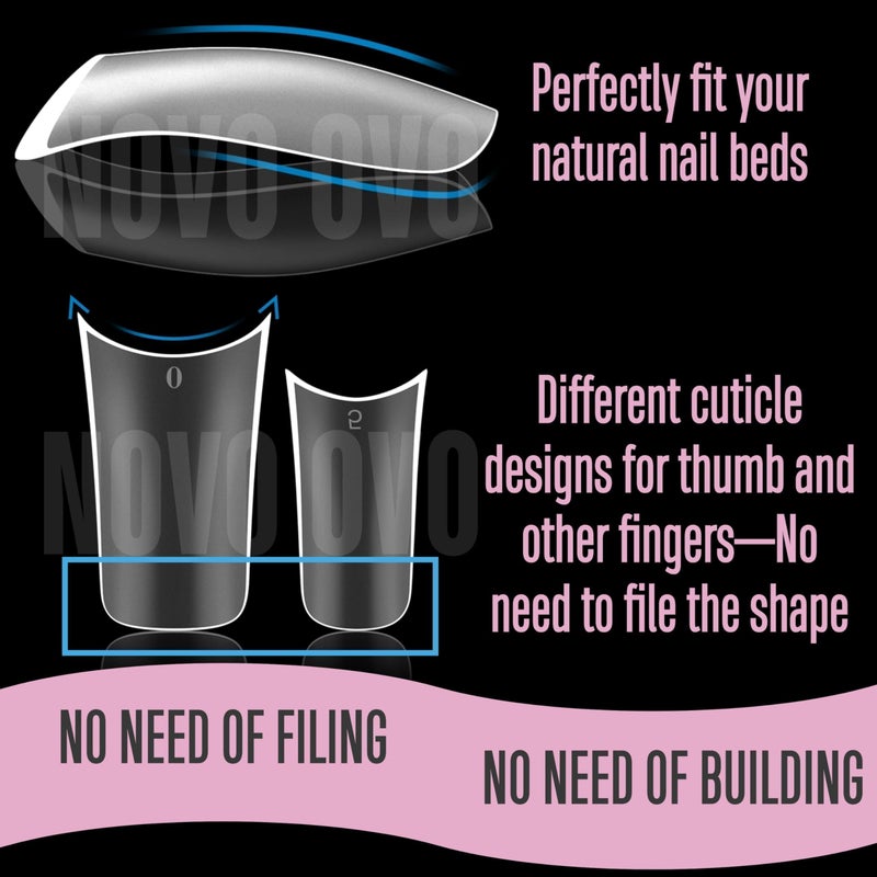 NOVO OVO Halloween Extra Thick Duck Feet Nail Tips Full Cover for Press on Acrylic with Moon Curve, Medim Long Clear Pre-Etched Matte Flare Wide French Soft Gel False Nail Extension x 15 Sizes 150 pcs - Image 5