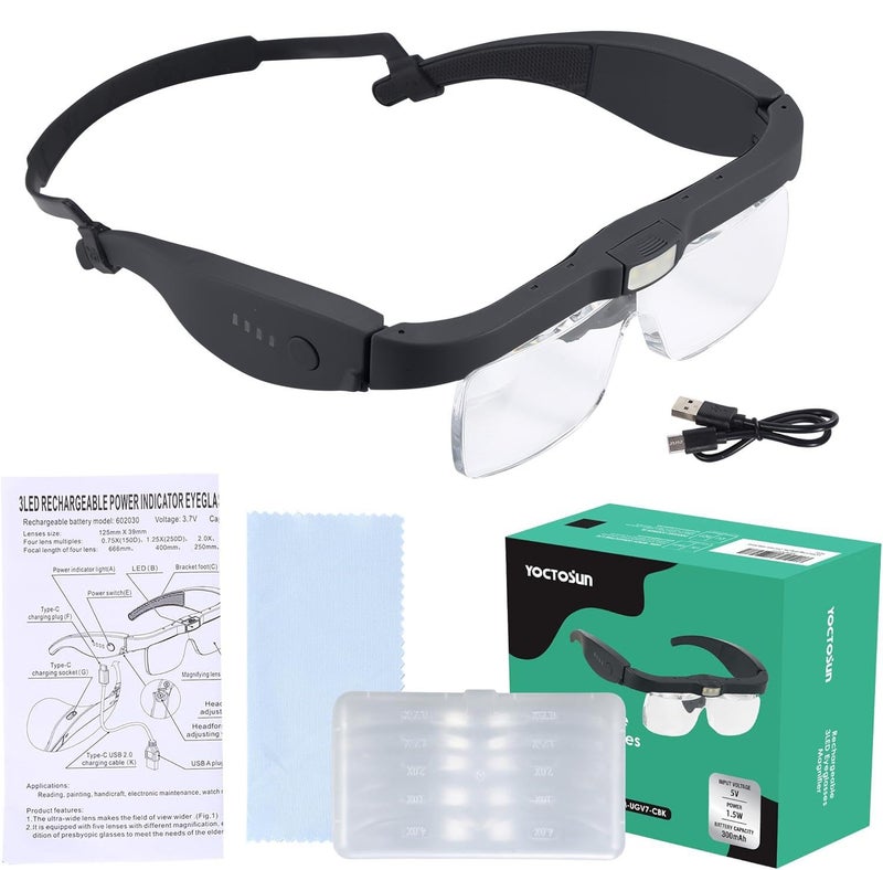 YOCTOSUN Magnifying Glass with Light, Magnifying Glasses with 5 Detachable Lenses 0.75X-4.0X and 3 LED Lights, Rechargeable Hands Free Headset Magnifier for Close Work Crafts Jewelry Hobbies - Image 1