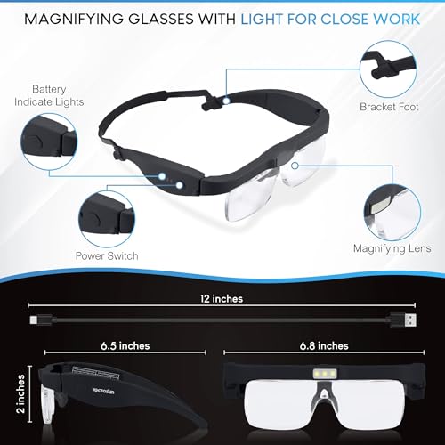 YOCTOSUN Magnifying Glass with Light, Magnifying Glasses with 5 Detachable Lenses 0.75X-4.0X and 3 LED Lights, Rechargeable Hands Free Headset Magnifier for Close Work Crafts Jewelry Hobbies - Image 2