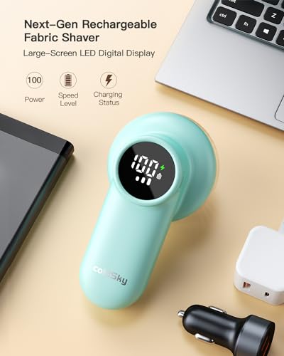 coldSky Rechargeable Fabric Shaver, Lint Shaver with Digital Display, Sweater Shaver with 6-Leaf Blades and Safety Lock, 3-Speeds Defuzzer Remove Fuzz, Pills from Clothes, Furniture, Blanket Green - Image 3