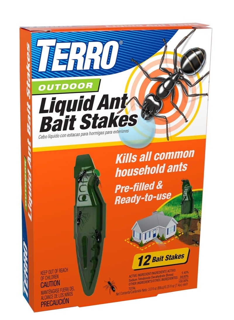 Terro TERRO T1813B Outdoor Ready-to-Use Liquid Ant Bait Stake Killer Trap - Kills Common Household Ants 12 Stakes  - Image 1