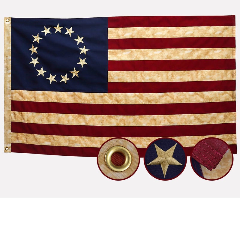 AGUIFLGS Betsy Ross Tea-Stained Vintage Style Flag 3x5 Ft Deluxe Water Resistant Series 13 Stars Made From Heavy Duty Super Tough Spun Polyester/Embroidered Stars/Sewn Stripes/Brass Grommets,US Flags Perfect for Outside - Image 1