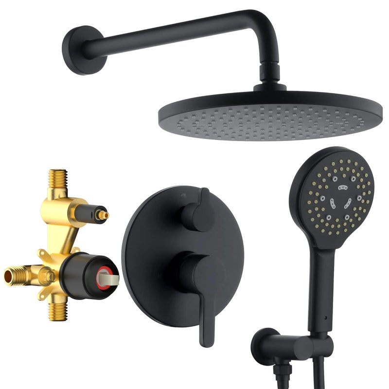 Lavatrum Matte Black Shower Faucet Set Wall Mount Rain Shower System 10 Inches Shower Head and Shower Handheld Included Pressure Balance Valve and Trim Kit
